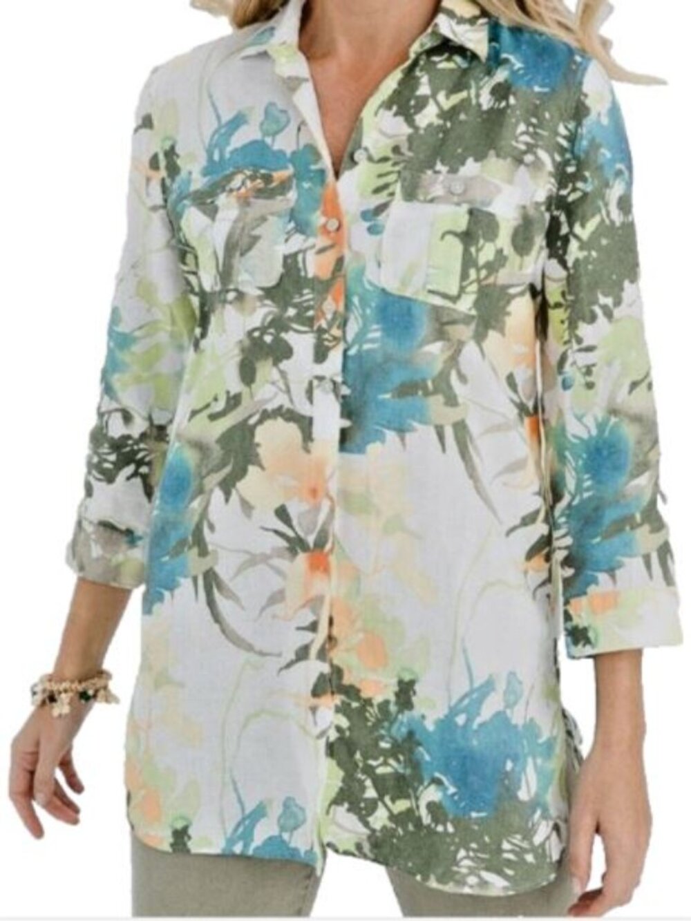 NWT Chico's No-Iron Linen Floral Paradise Shirt S 0 Us S 6